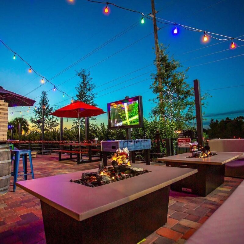 Rock & Brews outdoor seating area with fire pits