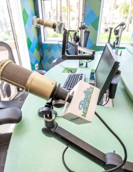 Radio Margaritaville microphones in the studio on the Promenade at Sunset Walk