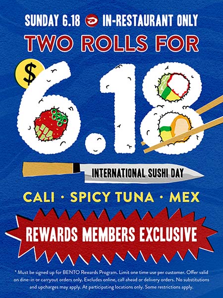 International Sushi Day: 2 rolls for $6.18 on June 18 at Bento Asian Kitchen and Sushi