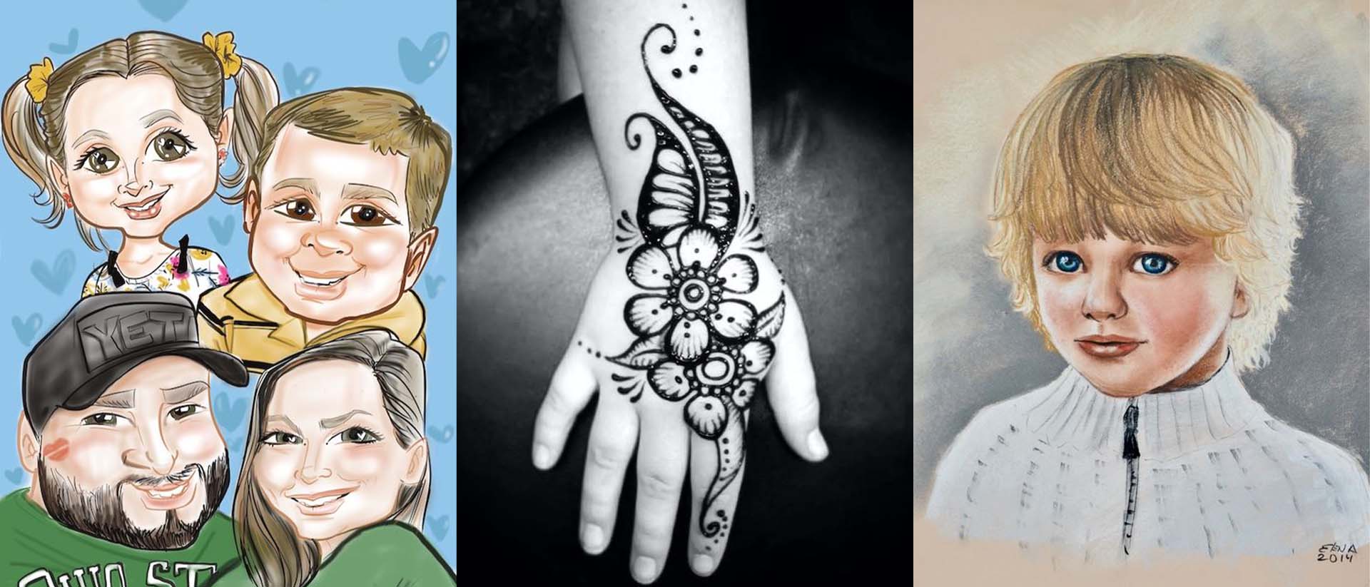 Collage of artwork by Leo’z Arts including caricature, portrait, and henna art