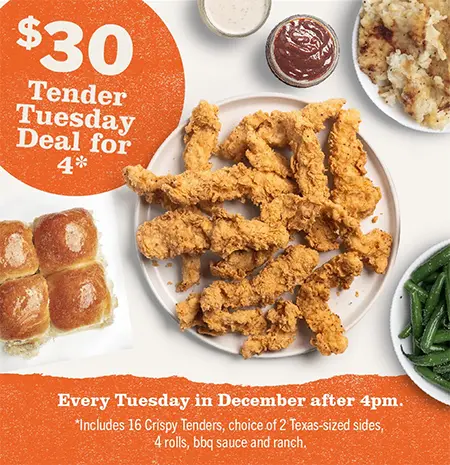 $30 Tender Tuesday Deal for 4 at Cowboy Chicken, every Tuesday in December after 4 PM