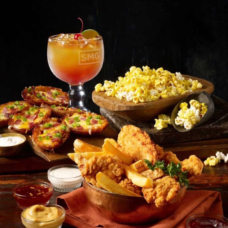 Studio Movie Grill appetizers, popcorn, and cocktail offerings