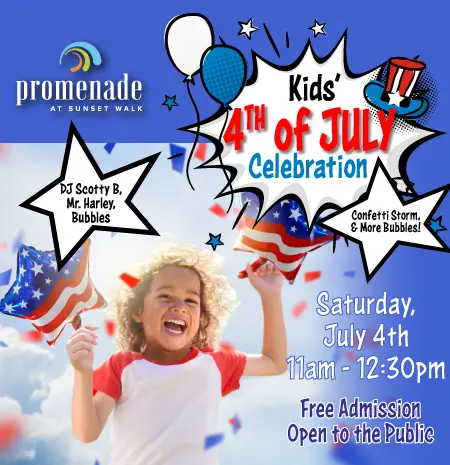 Kids 4th of July Celebration from 11 AM to 12:30 PM at the Promenade at Sunset Walk