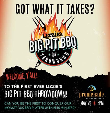 Lizzie's Big Pit BBQ Throwdown at the Promenade at Sunset Walk on May 25 at 5 PM