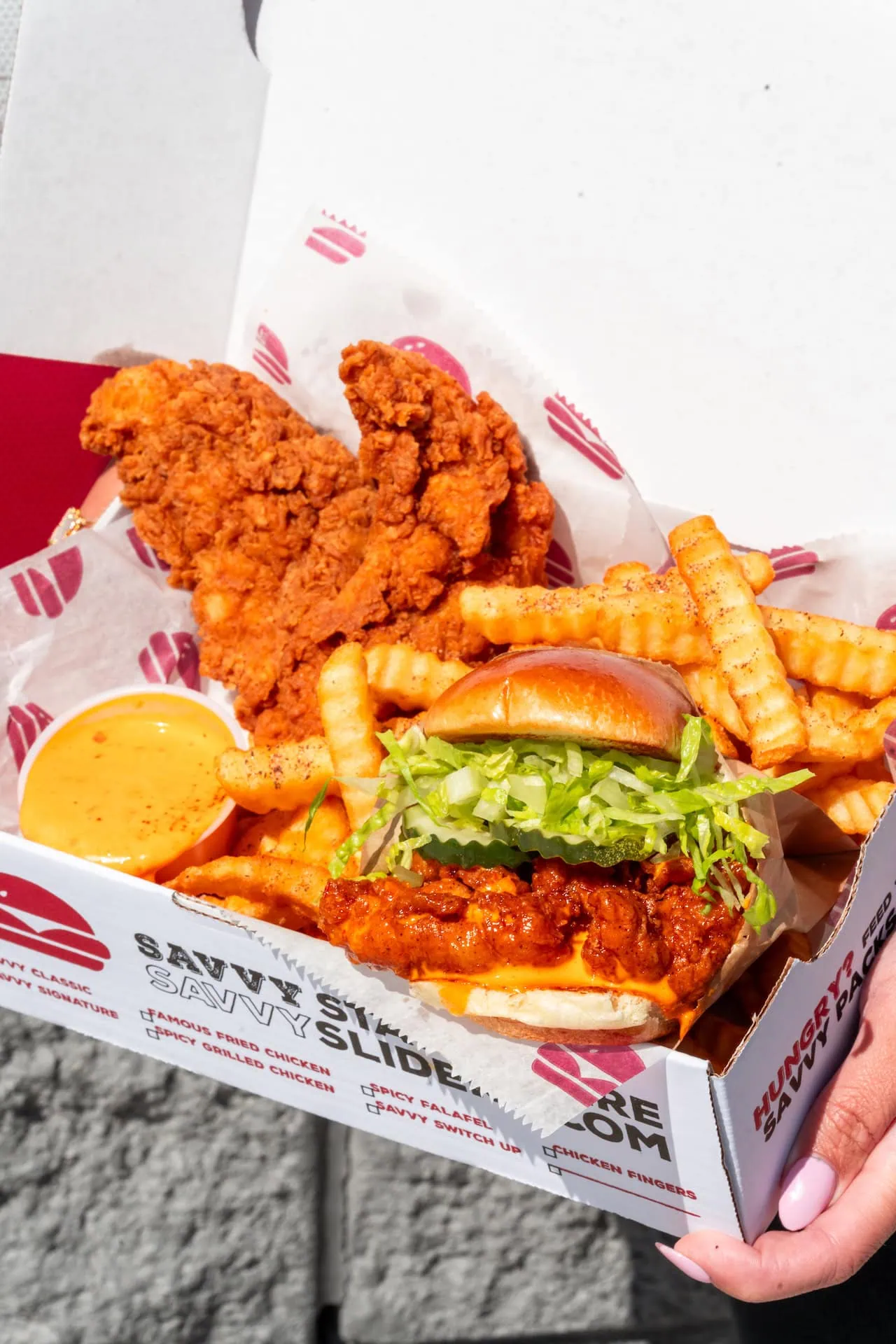 Savvy Sliders chicken sandwich with fried chicken and fries