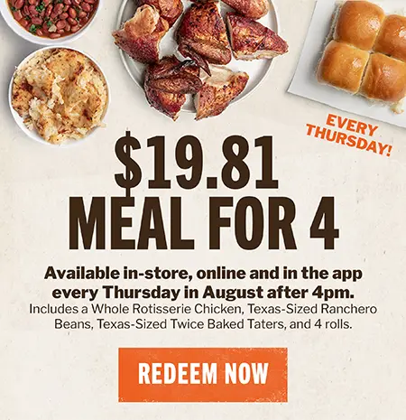 Cowboy Chicken Throwback Thursdays: $19.81 meal for 4 every Thursday in August