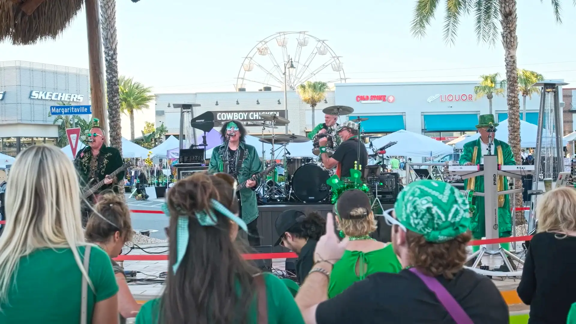 Live band playing on the Promenade Plaza stage on St. Patrick’s Day