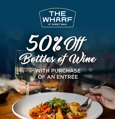 Wine and Dine Wednesdays at The Wharf: 50% Off bottles of wine with purchase of an entrée