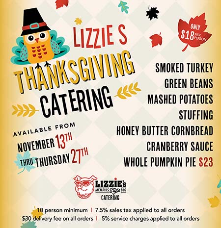 Lizzie's Thanksgiving Catering available from November 13 to November 27, 2025