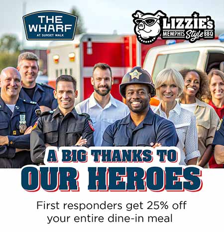 25% off your entire meal at Lizzie's Memphis Style BBQ and The Wharf at Sunset Walk