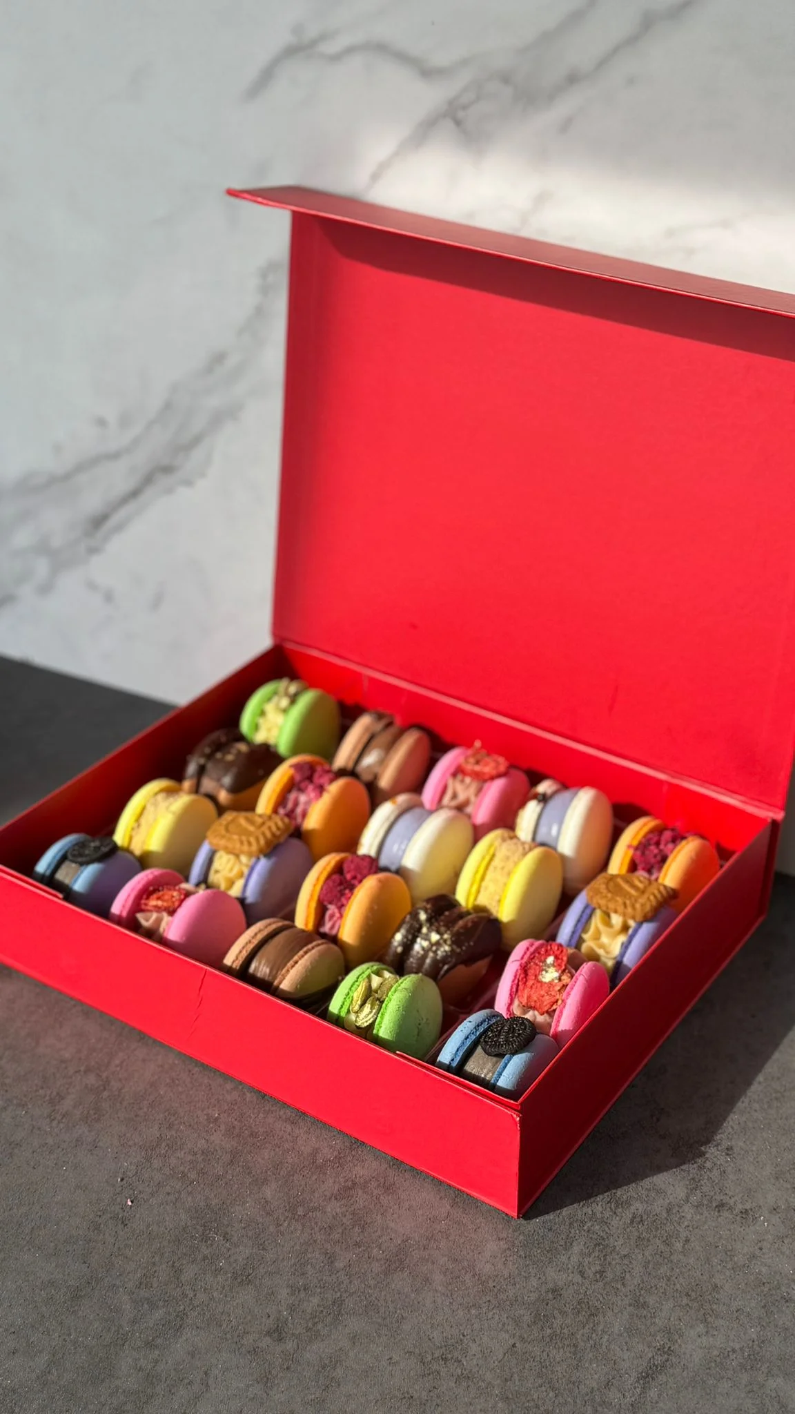 Box of macarons from La Boom Café