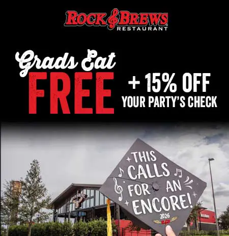 Grads Eat Free + 15% off your party’s check, April 30 – June 30, 2026 at Rock & Brews