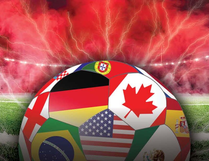 Graphic of soccer ball with various flags surrounded by lightning