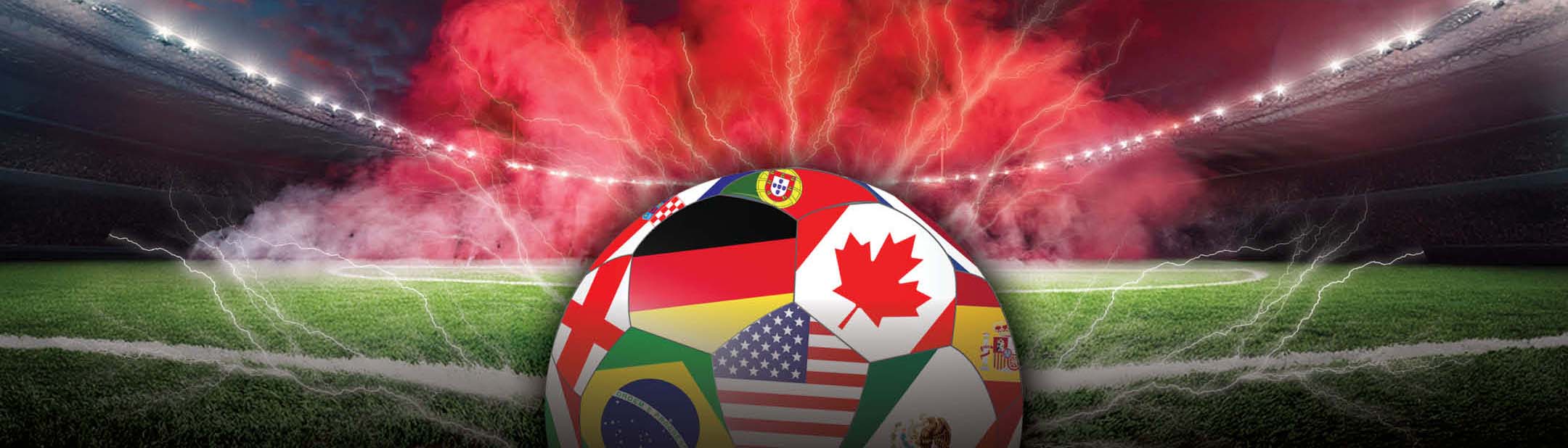 Graphic of soccer ball with various flags surrounded by lightning