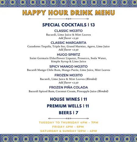 Estefan Kitchen Orlando Happy Hour Drink Menu