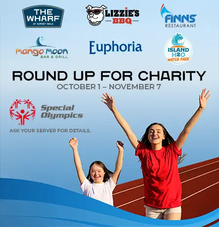 Round Up for Charity, benefiting the Special Olympics, October 1 – November 7. Ask your server for details.
